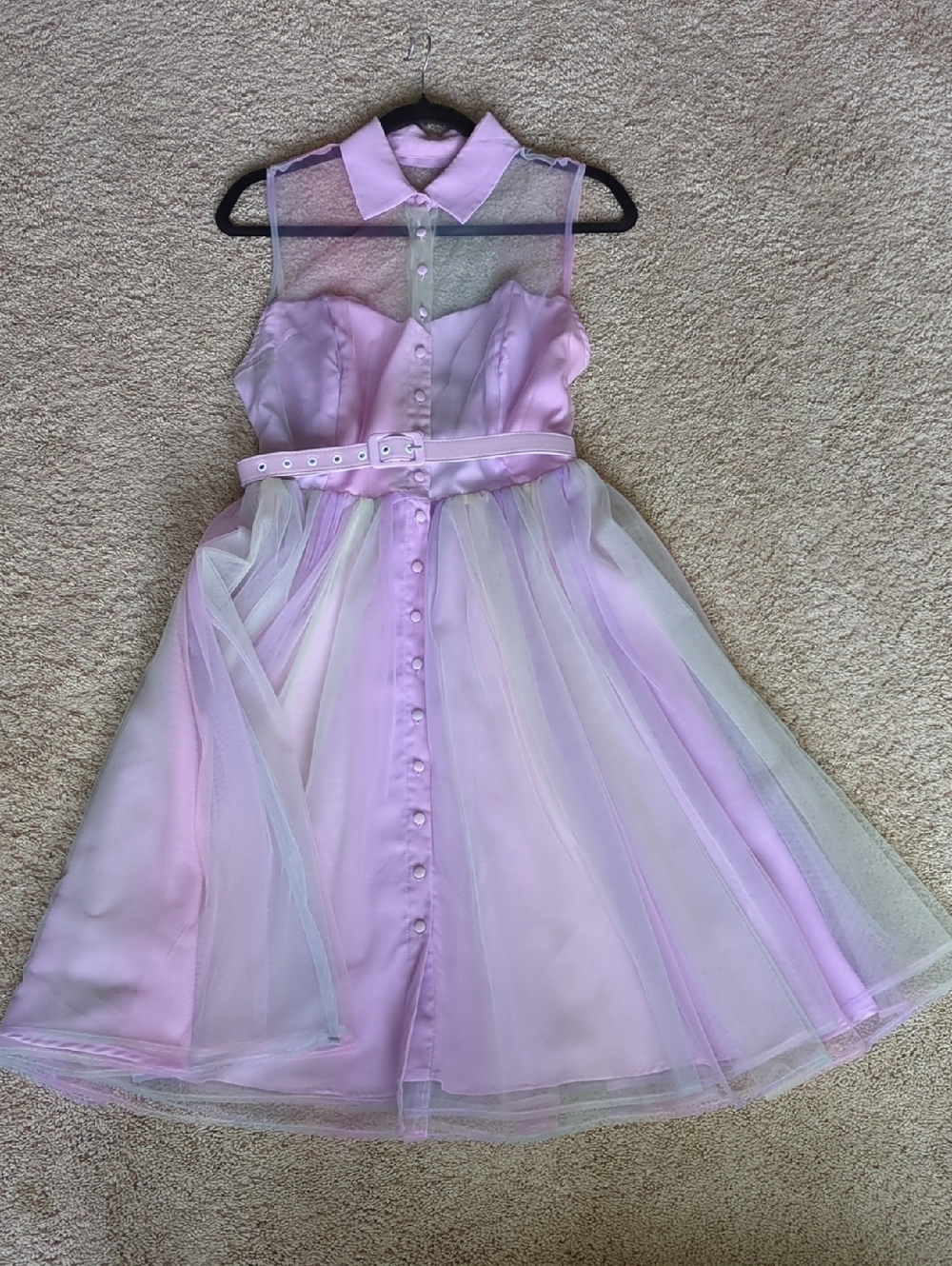 Unique Vintage Lavender Tulle Button-Front Dress with Belt